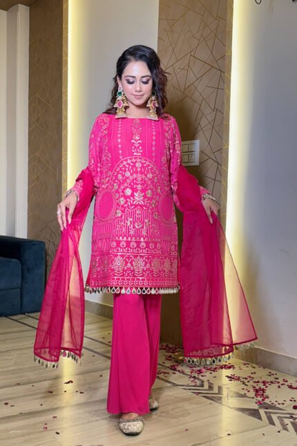 Pink Georgette Embroidered Fabric Shirt